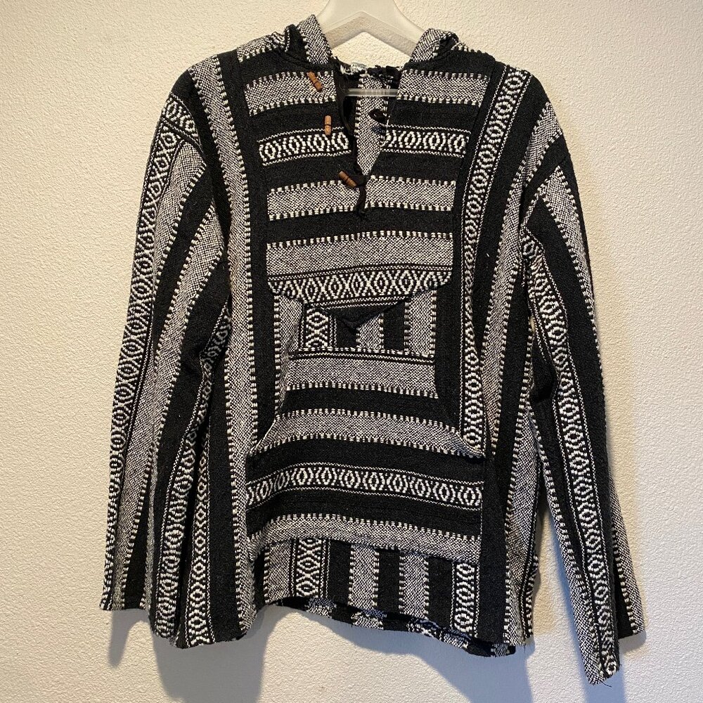 Baja Hoodie Black Gray Poncho Style XL 100% Cotton Made in‎ India